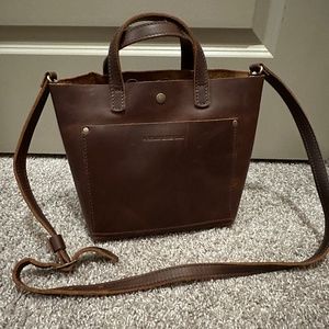 Portland Leather Goods mini crossbody tote in congac